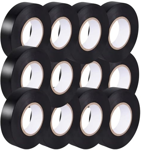 HomeBerg Cinta eléctrica negra, 19 mm x 10 m, resistente a la humedad y al calor, fuerte autoadhesiva, cinta aislante negra multiusos para cables eléctricos, bricolaje (negro, 12 unidades)