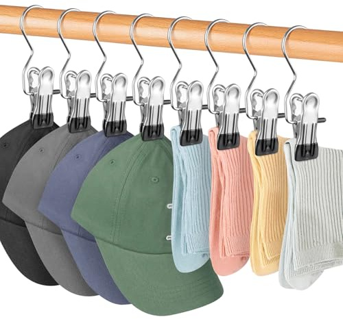 Minicoco 8Pcs Portable Laundry Hooks Stainless Steel Boot Hanging Hold Clips Anti-slip Hanging Clothes Pins Hanger 360° Rotatable Clothes Pins Trouser Hanger for Pants, Shoes, Towel, Sock