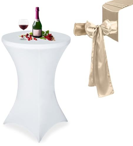 Zasvec Stretch Stehtisch Hussen für Bistrotisch mit Beige Farbband Stretch-Husse Weiß Stretch Stehtischhusse Weiß Hussen für Stehtische mit Verstärkung im Fußbereich für Außenbereich Hochzeit