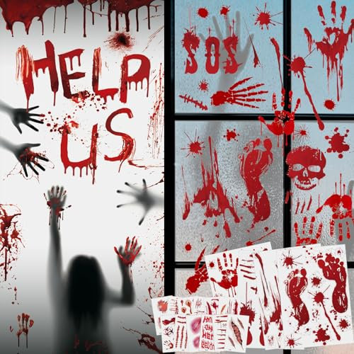 Halloween Adesivo Sanguinanti, Adesivo per Porta Finestre Sanguinanti, 1 Adesivi per Porta, 4 Finestre Adesivi Piccoli, 30 Tatuaggi, per la Decorazione di Feste di Halloween