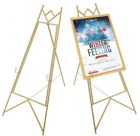 2 x Staffelei, Gold Plakatständer aus Stahl, Einstellbarer Winkel und Größe Infoständer, Abnehmbar Bilderständer, Flyerständer, für Willkommensschild Hochzeit, Preislisten, Anzeigen, Fotos und Plakate
