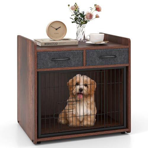 GOPLUS Hundekäfig, Hundebox mit 2 Stoff-Schubladen, abschließbare Tür, Hundehütte Indoor, Tierkäfig Haustierkäfig für Kleine und Mittelgroße Hunde, 62x49,5x63cm
