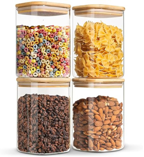 BUOAZR 4 Barattoli di Cucina in Vetro con Coperchio in Bambù, 1100ml Contenitore Pasta Grande, Contenitori Ermetici in Vetro, Barattoli Cucina per conservare cereali, zucchero, caffè, Tè