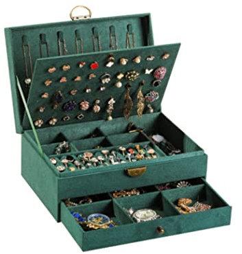 Schmuckaufbewahrung 2-lagige Dunkelgrüne Vintage-Schmuck-Organizer-Box Mit Schlüssel, Große Wildleder-Schmuck-Vitrine Für Frauen, Mädchen, Geschenk. Schmuckschatulle Schmuckschrank(23x18.5x9cm)