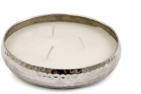 Carousel Home Round Silver Metal Display Bowl with Candle | 3 Wick Vanilla Scented Candle & Holder | Vanilla Fragrance - 16cm