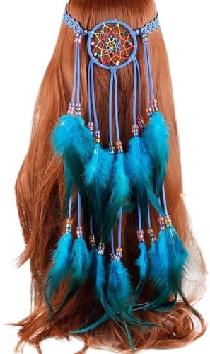 Generisch Fashband Boho-Feder-Stirnband,Kopfschmuck Pfau Kopfschmuck Indianer Damen Indianer Accessoires Damen Hippie PerüCke Damen Festival-Kostüm, Haarschmuck für Damen （C，One Size）