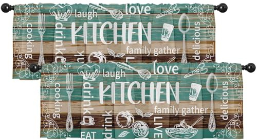 Emvency 2 Pack Valances Window Treatments, Teal and Brown Farmhouse Kitchen Cooking Blackout Adjustable for Living Room Bathroom Bedroom Kitchen Over Sink, 52x18 Inch Rod Pocket Valances