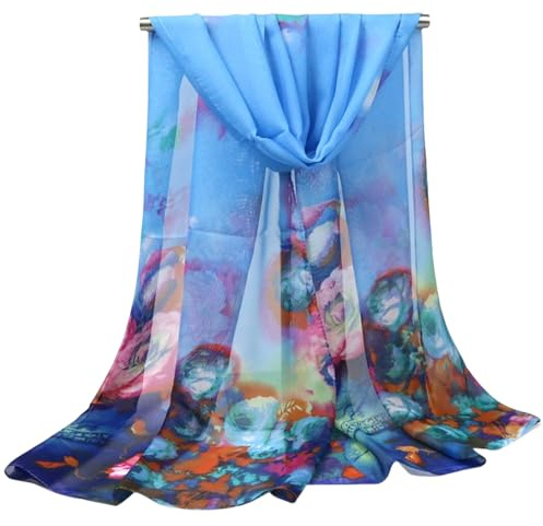 FAIRYGATE Blaues Tuch Chiffon Schal Damen - Dünner Schals Leichter Blumen Halstuch Sommerschal 005