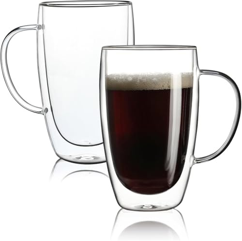 RRMMAN Clear Glass Double Wall Insulated Round Coffee Mugs Set of 2 Pieces, Large Insulated Layer Coffee Cups, 15oz Coffee Mug Clear Borosilicate Mugs, Perfect for Cappuccino, Tea, Microwave Safe