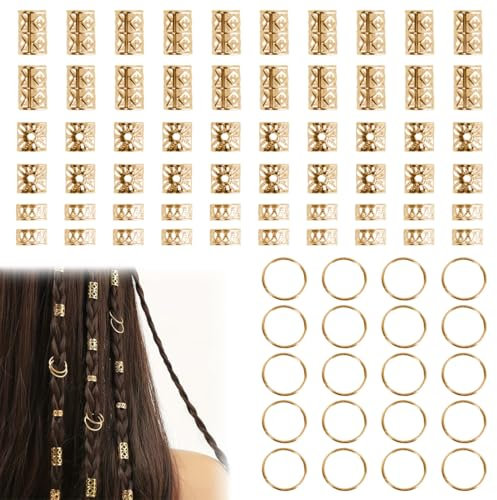 KOLZEMV 80 Stück Dreadlocks Schmuck Haarspiralen Clips, Verstellbar Metall Cuffs Haar Flecht Ringe, Perlen Haarschmuck Braids Haar Dreadlocks Zubehör Für Frauen Männer Zöpfe Dekoration（Gold）
