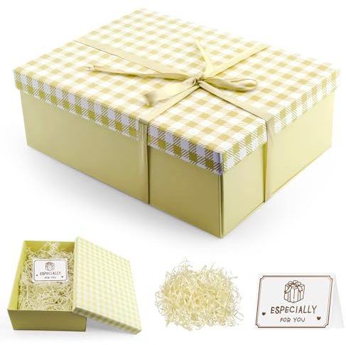 MOSTFUN Presentask med lock, 25 x 18 x 8,5 cm presentlåda, presentförpackning med rosetter, gratulationskort, raffia för födelsedagar bröllop, jul, alla hjärtans dag (gul)
