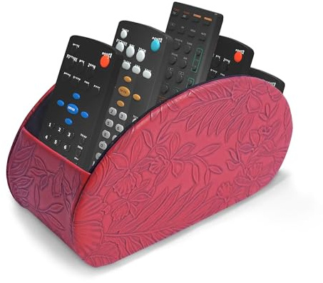 Czzmy Support de télécommande en cuir PU avec 5 compartimentsen cuir PU,multifonction boîte de rangement pour télécommandes TV,crayons,fournitures de bureau,pinceaux de maquillage(1-sculpté rouge)