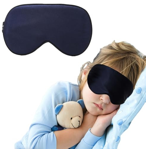 Schlafmaske Kinder, Maulbeerseide, Verstellbar, Lichtundurchlässige | Seidenweiche Augenmaske mit Kopfband, Lichtundurchlässige Schlafbrille schützt zuverlässig vor Helligkeit (Marineblau)
