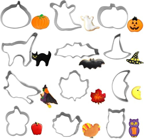 12 PCS Halloween Cookie Cutters Mold for Baking Stainless Steel Halloween Shapes Pumpkin, Ghost, Bat, Cat, Witch, Spider, Tombstone, Baking Tools Holiday Cookies DIY Cookie and Fondant Decorating