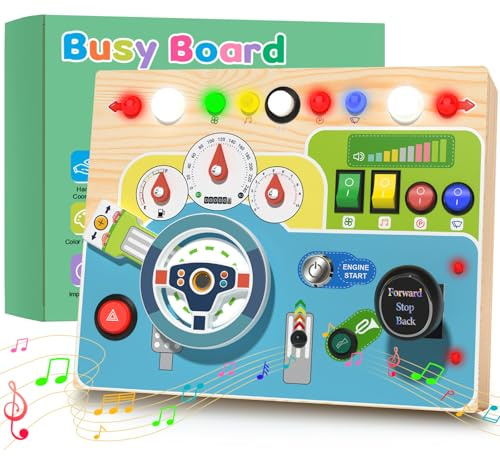 Thinkaroo Busy Board Montessori Spielzeug, Activity Board Holzspielzeug mit Simuliertem Armaturenbrett und LED-Lichtschalter, Sensorik Spielzeug Motorikspielzeug für 1 2 3 4 Jahre Jungen und Mädchen