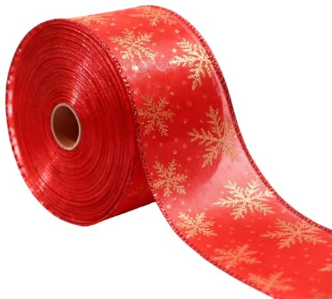 Weihnachts Geschenkband mit Schneeflocken - 10m x 6,3cm Breit | Verdrahtetes Glitzerndes Organza Band - Dekobänder Weihnachten für Geschenkverpackungen, Bastelarbeiten und Partydeko