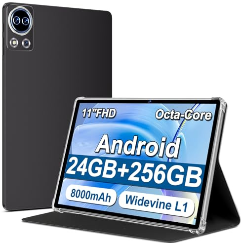 Tablet 11 Pollici Android 14 con 24GB RAM +256GB ROM (Espandibile Fino a 1 TB), Face ID, Widevine L1, Octa-Core 2.0 GHz, 5G Wi-Fi, GPS, 8000mAh, HD 1280 x 800 Incell IPS, Tablet con Custodia, Grigio