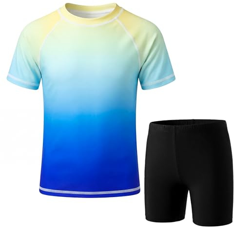 FILOWA Baddräkt, pojkar, barn, tvådelad rashguard-skjorta och badbyxor, snabbtorkande baddräkt, UV-skydd, kortärmad badshorts, set, sommar, strand, surfing, badkläder för 104–164, blå, 152-164