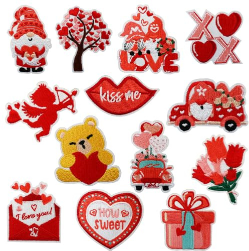13 Packs Valentine's Day Iron On Patches Red Heart Embroidered Sew Applique Cupid Dwarf Lips Bear Rose Car Romantic Design Repair Patches DIY Crafts for Clothing Jacket Jeans Pants Dress Backpack Hat