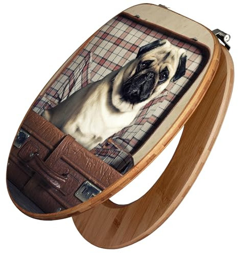 banjado Design WC Sitz Bambus 45x37,5cm / Toilettendeckel Holz/hochwertiger Toilettensitz/Bambus-Toilettendeckel für alle gängigen Toiletten - Mops im Koffer