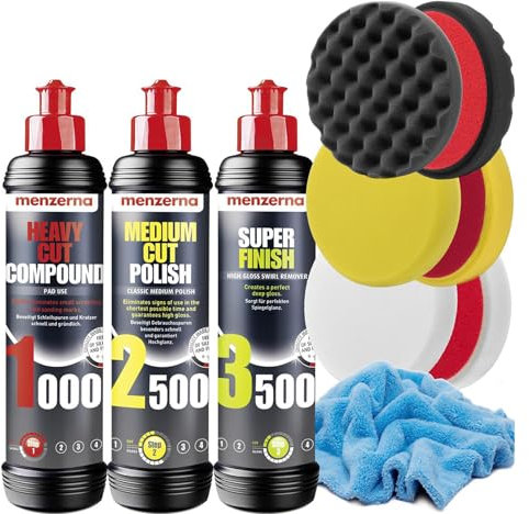 Detailmate Set di lucidi e pasta abrasiva lucidante - Menzerna 250 ml - SHC 1000 + MC 2000 + SFP 3800 + 3 Tamponi per lucidare (morbido, medio, duro)
