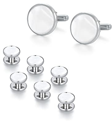 UJOY Mens boutons de smoking, 8 pièces Coque blanche et argent Laiton Coquillage blanc et boutons de chemise en argent avec boîte de boutons de manchette Chiffon de polissage noir
