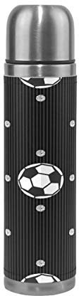 BEUSS Schwarz Fußball Silber Punkt Wasserflasche Wasserkanne Edelstahl Isolierte Isolierflasche Auslaufsicher Leder Verpackung(500 ml)