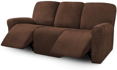 ULTICOR Velvet 8-Pieces Recliner Sofa Covers Stretch Reclining Couch Covers for 3 Cushion Reclining Sofa Slipcovers Furniture Covers Thick Soft Washable (3 Seater Recliner Cover, Chocolate)