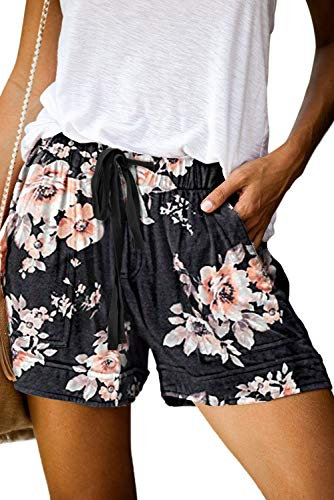 FANGJIN Damen Shorts Kordelzug Baggy Lounge Hosen Frauen Strand Tragen Reise Dehnbare Aufwärmhose Mit Taschen Blumen Schwarz M