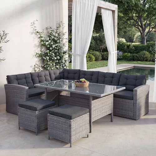 Mendler Poly-Rattan-Garnitur HWC-A29, Gartengarnitur Sitzgruppe Lounge-Esstisch-Set Sofa + 2X Hocker - grau, Kissen grau