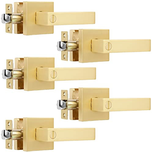 Heittis 5 Pack Privacy Gold Door Knobs Square Heavy Door Levers for Bed/Bath Room Interior Door Lock Keyless Door Handle for Left and Right Reversible