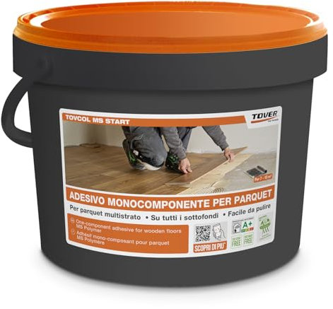 Tover, Tovcol MS Start, Adesivo Silanico Monocomponente Per Parquet, Pronto All'Uso, Senza Solventi, Formato da 7,5 Kg