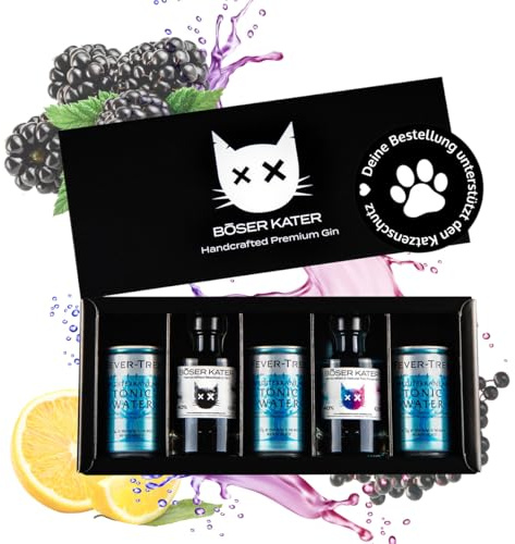 BÖSER KATER Farbwechsel Gin Tasting-Set mit Fever Tree Tonic Water | Hochwertige Geschenkbox | Perfekte Geschenkidee | Probierset für bis zu 5 Personen | 650ml 40% Vol.