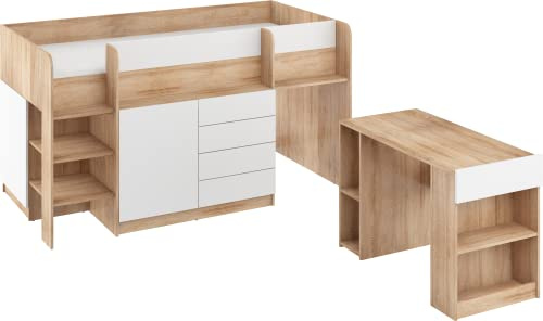 FurnitureByJDM Hochbett mit Schreibtisch, Schubladen & Bücherregal | Platzsparendes Kinderbett 90x200 cm Matratzengröße – Linksseitige Treppe – SMILE (Eiche Sonoma/Weiß)