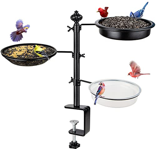 Deck Vogelfutterstation für Geländer, BOLITE Balkon Vogelfutterspender für draußen, DREI Tabletts, verbesserte Version, Schwarz