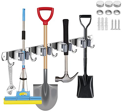 Mokife Besenhalter Mopphalter Wand, Besenhalterung Selbstklebend Mop Halterung Edelstahl Gerätehalter Werkzeughalter mit 4 Halter 5 Haken für Küche, Bad, Garage, Garten, Büro