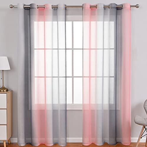 Lsimeru Vorhang Farbverlauf Rosa Grau Transparent Regenbogen Kindergardinen | Tüll Gardinen Durchsichtig Bunt Ösenschal Ösenvorhang Halbtransparent Wohnzimmer Schlafzimmer 2er Pack 140x220