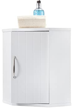 Elegant Brands Bathroom Corner Cabinet, White, Wooden Wall Mounted Cupboard, Adjustable Shelf, Panel Style Door. Salcombe Range