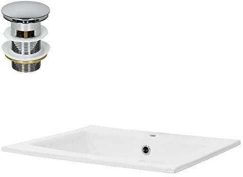 ML-Design Lavabo Encastré en Céramique, 52,5x21x45 cm, Blanc Brillant, Anguleux, avec Bouchon de Vidange en Laiton Chromé, Vasque Lave-Mains Évier à Encastrer avec Trop-Plein et Trou pour Robinet
