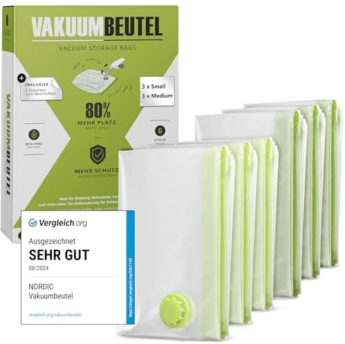 NORDIC® - Vakuumbeutel 6er Set (60x40cm + 70x50cm) – BPA Frei INKL. ETIKETTEN - Vakuumbeutel für Kleidung - Vakuum Aufbewahrungsbeutel - Vakuumiererbeutel - Vacuum Bags