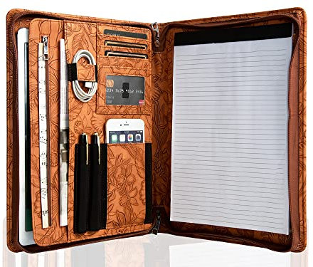 FREI NAME GRAVUR, Personalisierte Schreibmappe PU Leder, Konferenzmappe A4 Aktenmappe mit Reissverschluss, a4 Organizer Mappe, Customized, Braun Druck