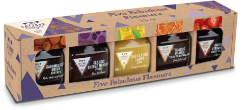 Cottage Delight - Five Fabulous Flavours | Caramelised Onion Chutney 105g, Cheese Maker’s Pickle 115g, Classic Lemon Curd 105g, Orange Marmalade & Strawberry Jam 113g