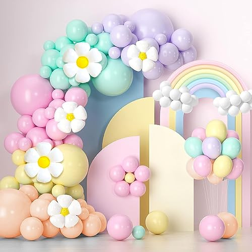 Pastel Balloon Arch Kit Party Decorations with Daisy Balloons, Pastel Balloons and Long Balloons Rainbow Balloons Arch Kit Baby Shower Balloon Arch for Birthday Gender Reveal Decoration