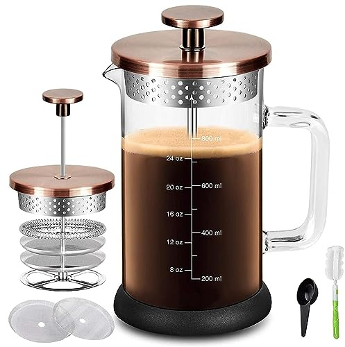 YMMIND French Press Coffee Maker 34 Ounce Espresso Tea Coffee Maker with 4 Filters System, Stainless Steel Plunger and Heat Resistant Borosilicate Glass BPA-Free Brewed Tea Pot Coffee Plunger
