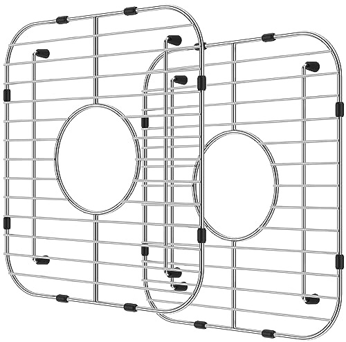 2Pcs Kitchen Sink Protector 34x30cm Stainless Steel Double Bowl Sink Bottom Grid with R50 Corner Multifunctional Sink Rack Dishes Drainer Grid for Sink Grate(centre hole)