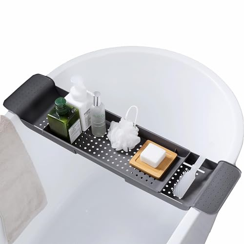 Bathtub Caddy Tray Grey Expandable with Non-Slip Extendable Handles | Bath Bridge, Toys Pad Holder, Book Phone Wine Candle Holder Stand, Bathroom Accessories Storage, Bathtub Rack