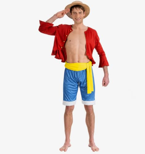 Chaks - Disfraz de Luffy, conjunto de disfraz de anime, cosplay | Traje oficial de One Piece, conjunto de 4 piezas con chaqueta, pantalones, cinturón y sombrero de paja para Comic Con