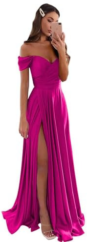 GODCUN Abito da damigella d'onore da donna in raso con spalle scoperte, abiti lunghi a pieghe con fessura, Fucsia, 16 Plus