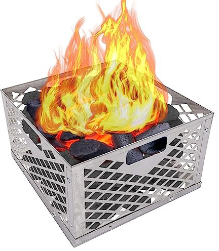 Cesta de fuego, rejillas y cestas de fuego, cestas cuadradas de gran capacidad para chimeneas con asa, cesta de parrilla de acero inoxidable a prueba de óxido, cesta de parrilla para ahumador para el