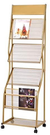 Prospektständer Zeitschriftenhalter, bodenstehender Broschürenständer, Broschürenständer mit Rädern, Zeitschriftenständer for Zeitungs- und Produktausstellungen zeitschriftenständer (Color : Gold)